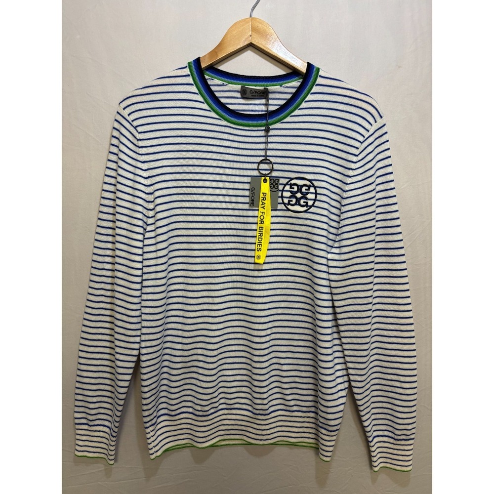 G/Fore Golf Sweater Mens Blue White Striped Wool Crewneck Pray For Birdies S NWT